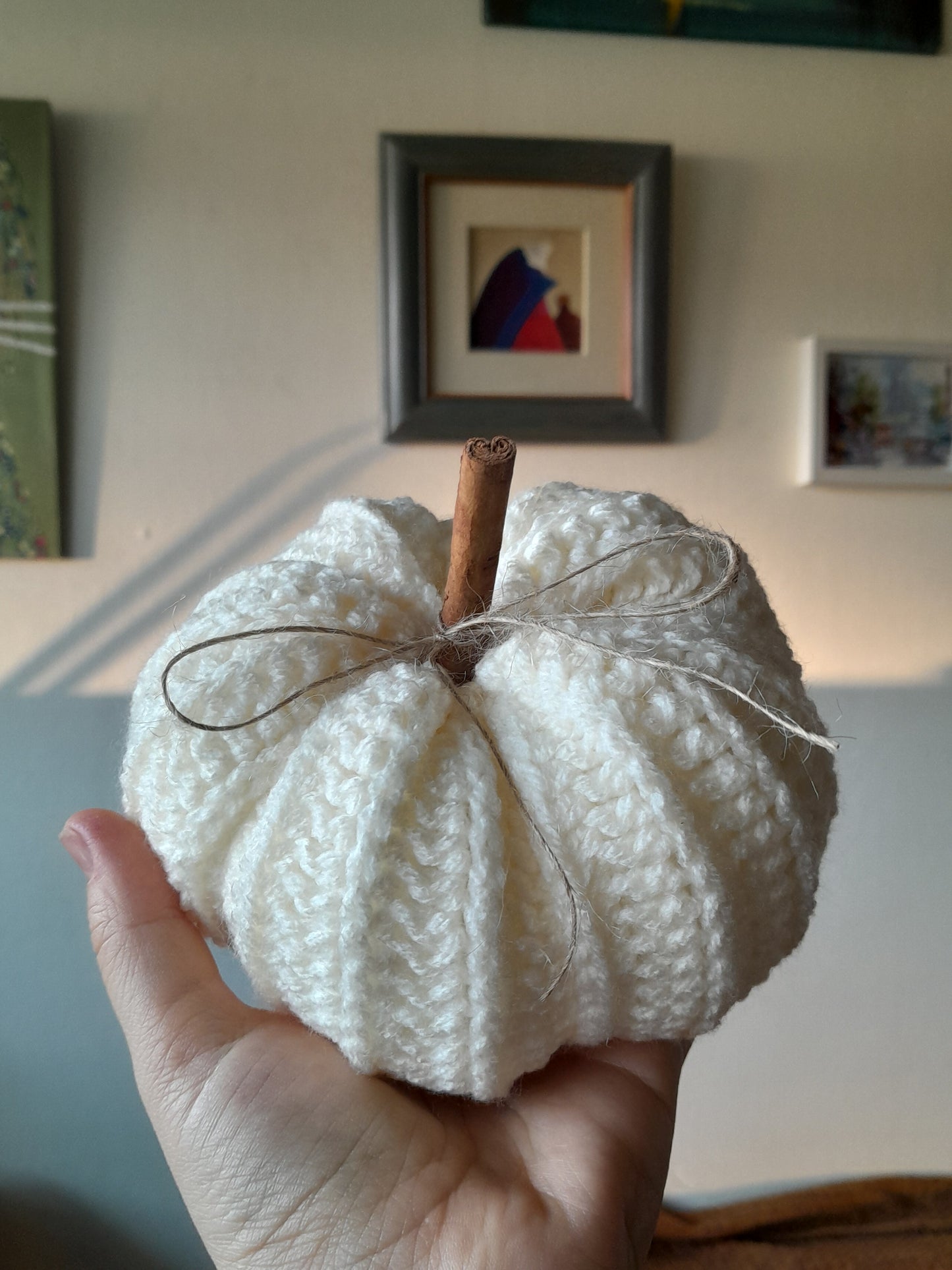 Crochet Pumpkins with Cinnamon Stick - Set of 2 in White