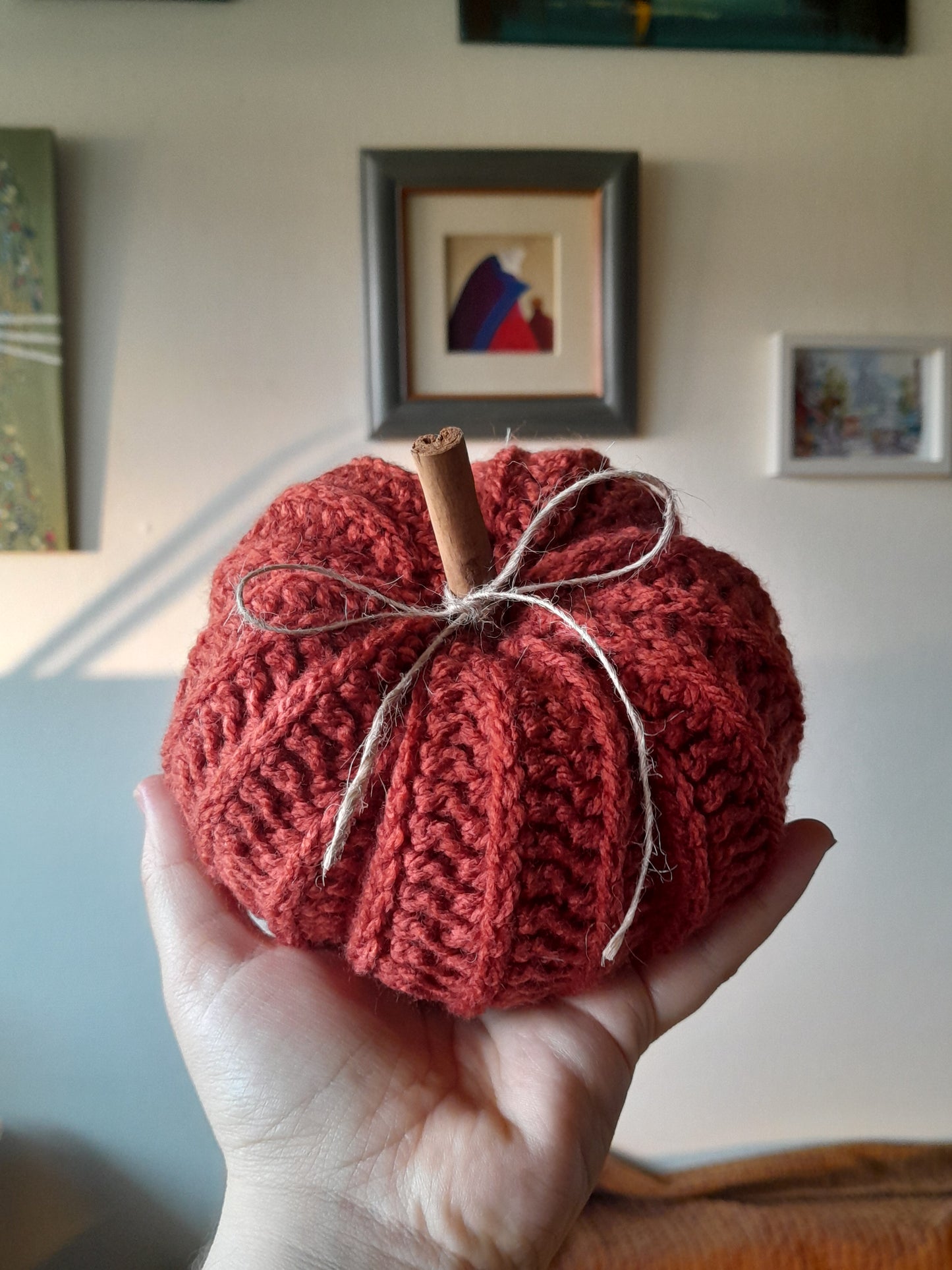 Crochet Pumpkins with Cinnamon Stick - Set of 2 in Rustic Orange