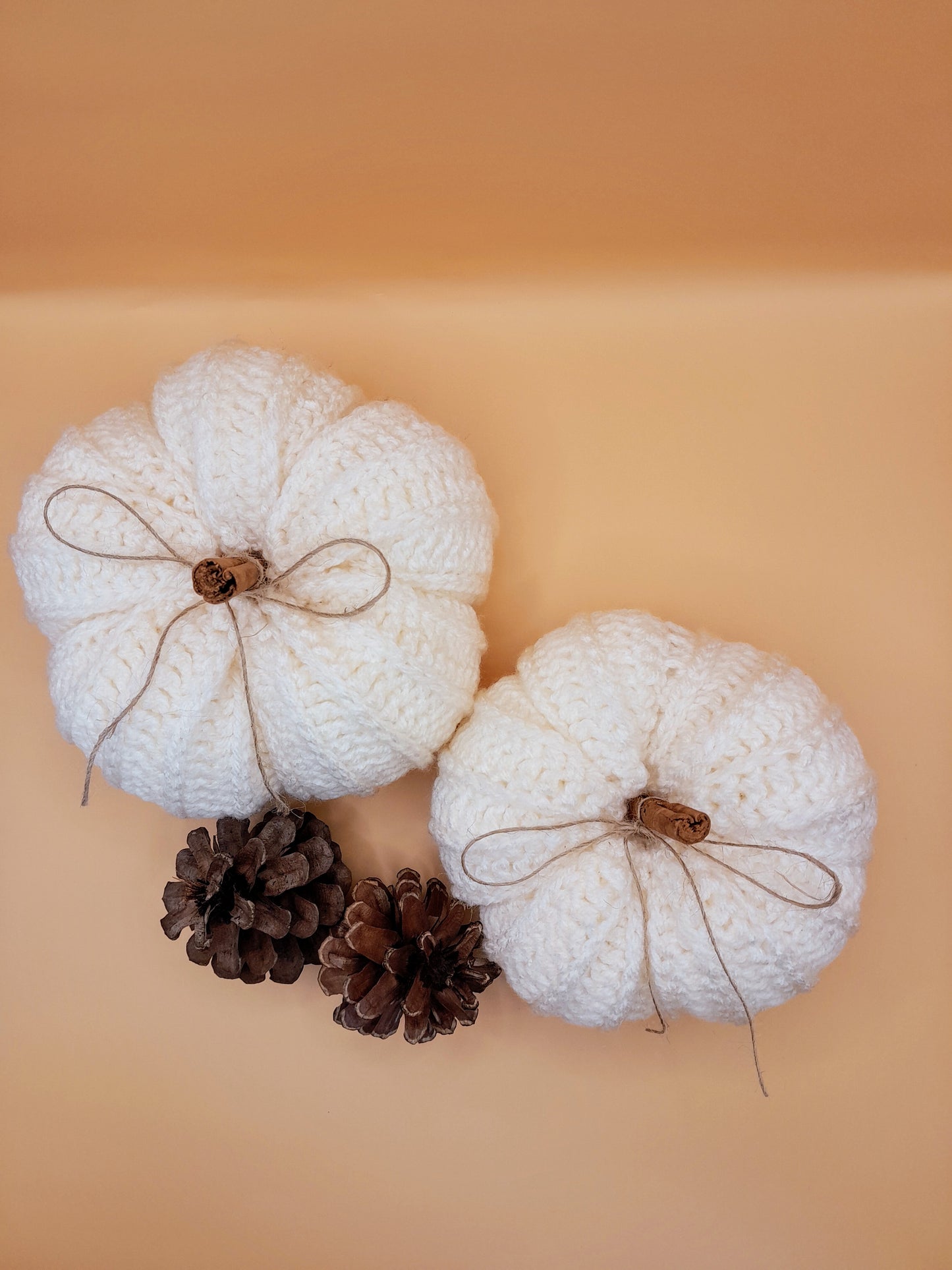 Crochet Pumpkins with Cinnamon Stick - Set of 2 in White
