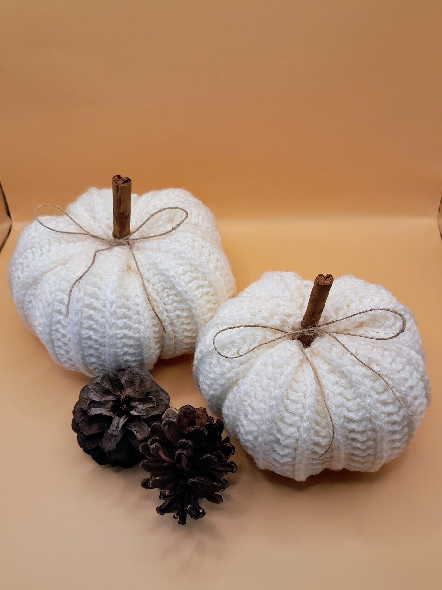 Crochet Pumpkins with Cinnamon Stick - Set of 2 in White