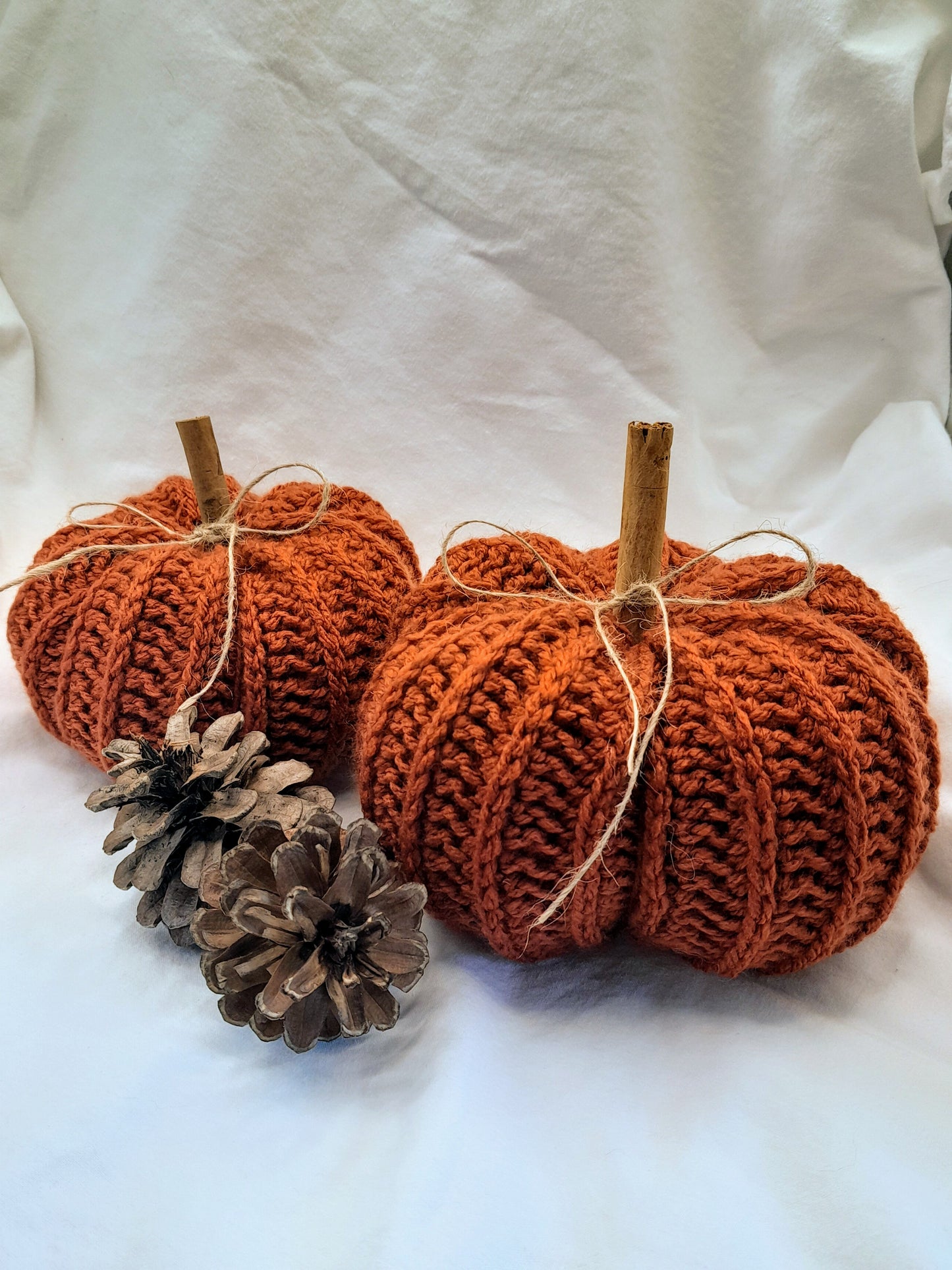 Crochet Pumpkins with Cinnamon Stick - Set of 2 in Rustic Orange