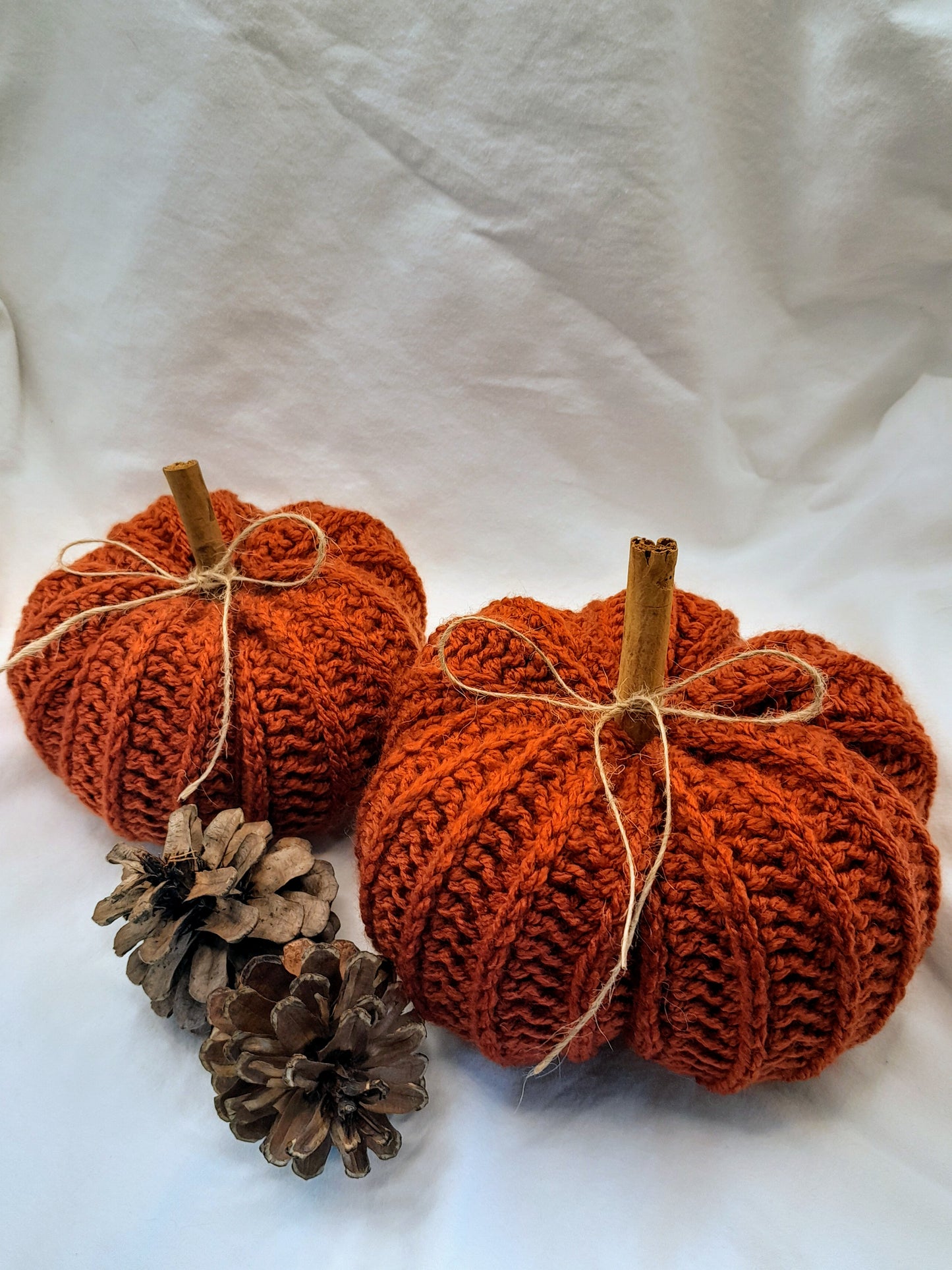 Crochet Pumpkins with Cinnamon Stick - Set of 2 in Rustic Orange