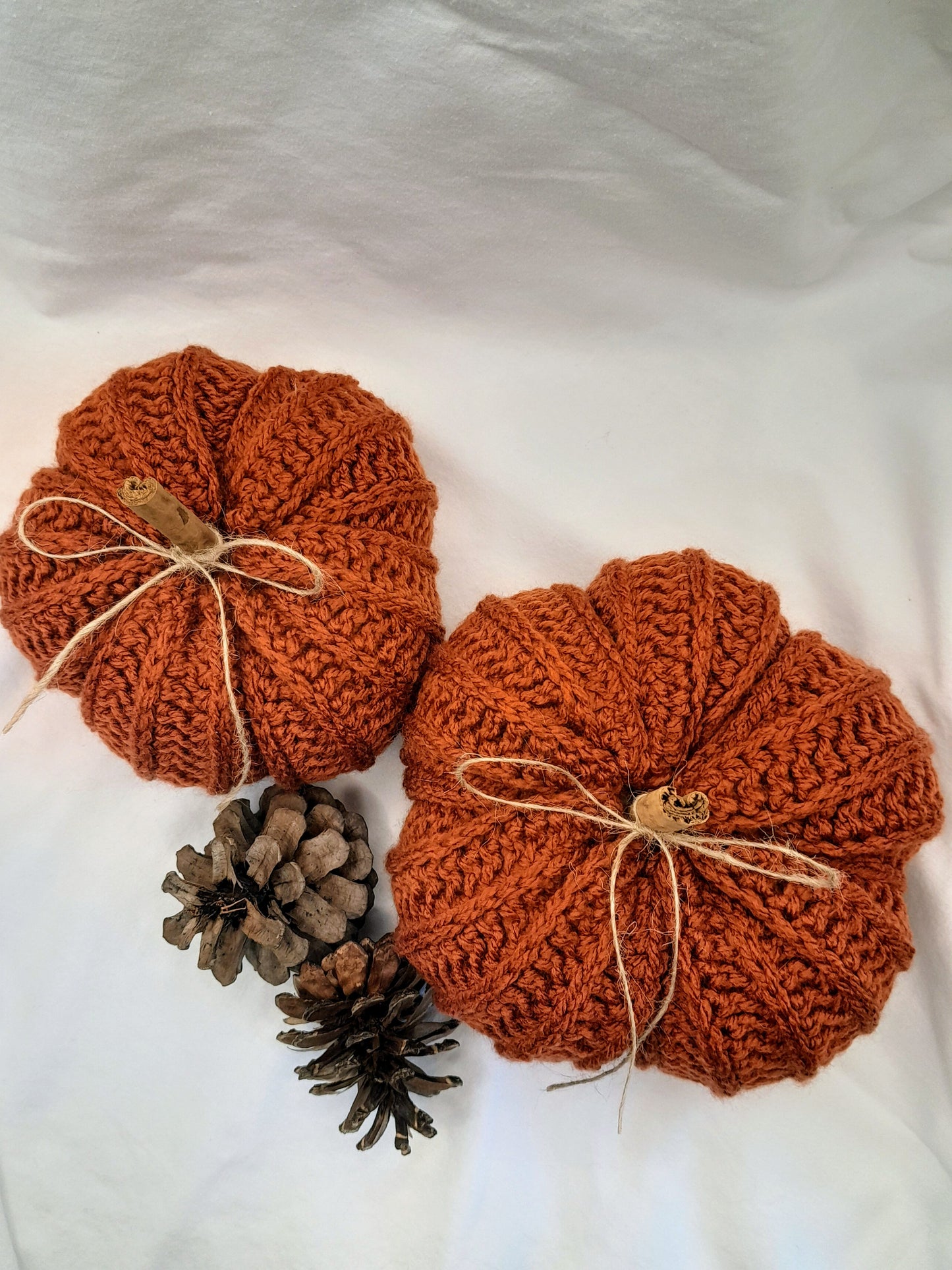 Crochet Pumpkins with Cinnamon Stick - Set of 2 in Rustic Orange