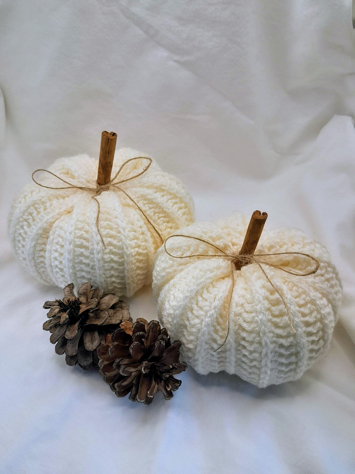 Crochet Pumpkins with Cinnamon Stick - Set of 2 in White