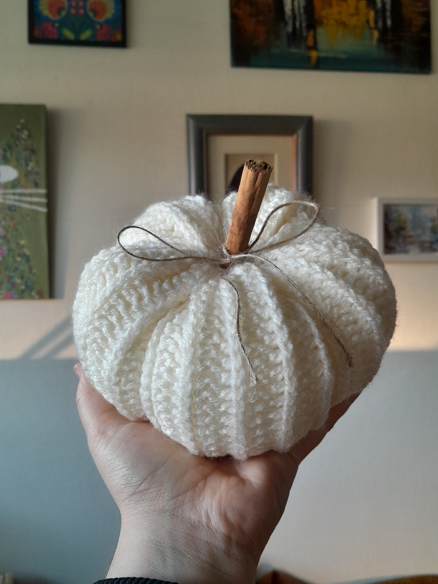 Crochet Pumpkins with Cinnamon Stick - Set of 2 in White