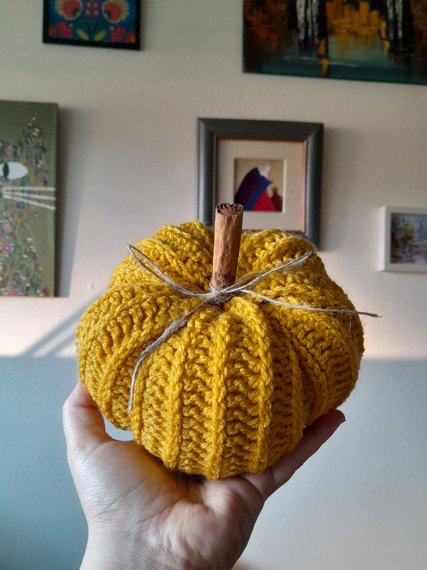 Crochet Pumpkins with Cinnamon Stick - Set of 2 in Mustard Yellow