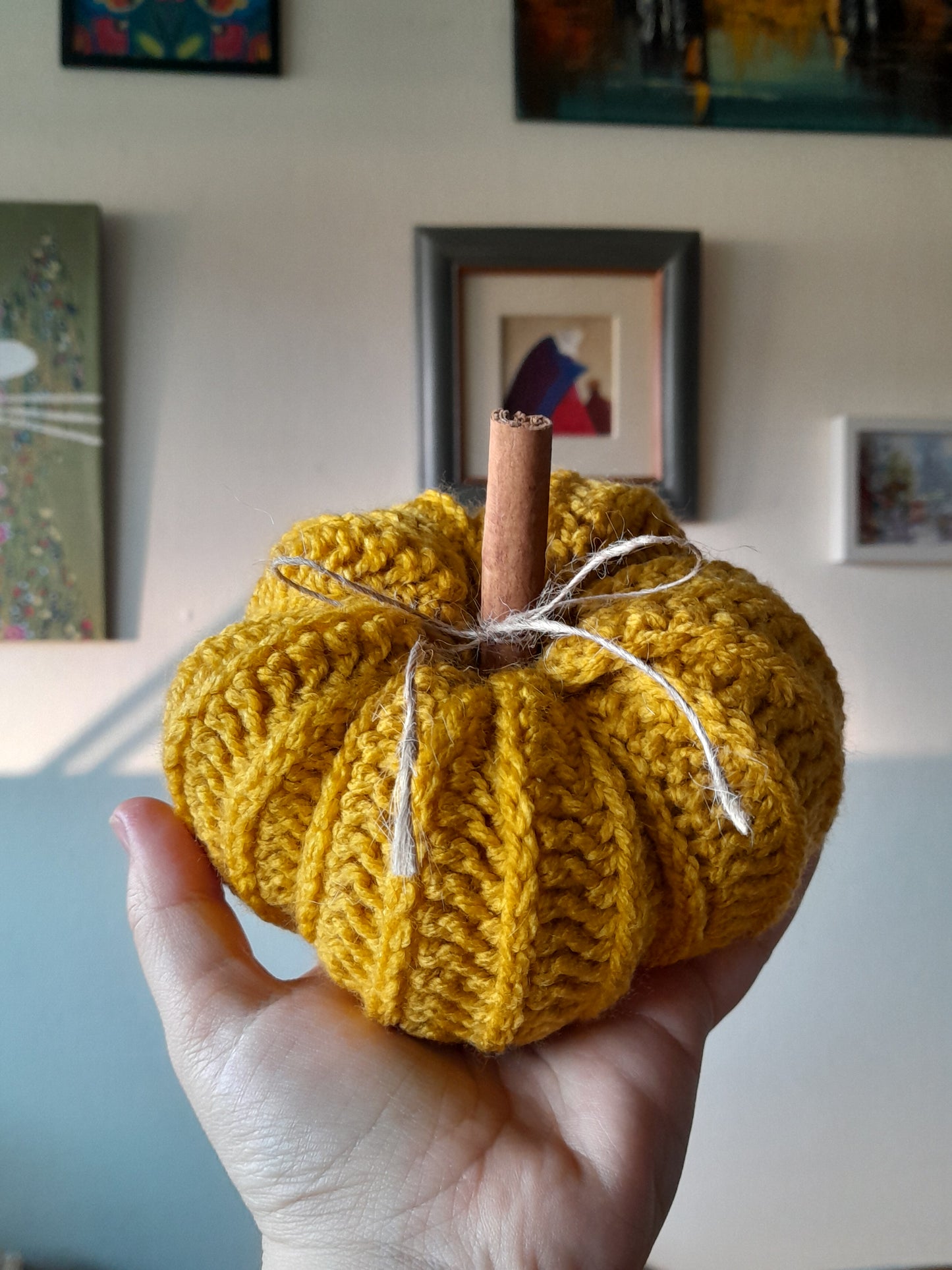 Crochet Pumpkins with Cinnamon Stick - Set of 2 in Mustard Yellow