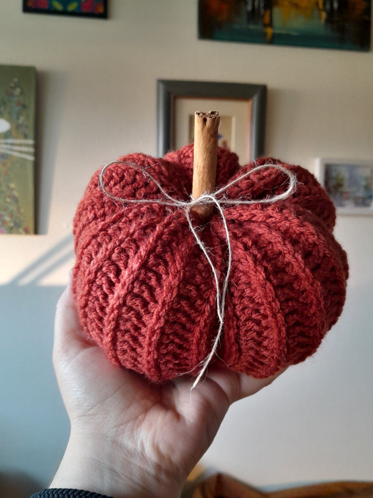 Crochet Pumpkins with Cinnamon Stick - Set of 2 in Rustic Orange