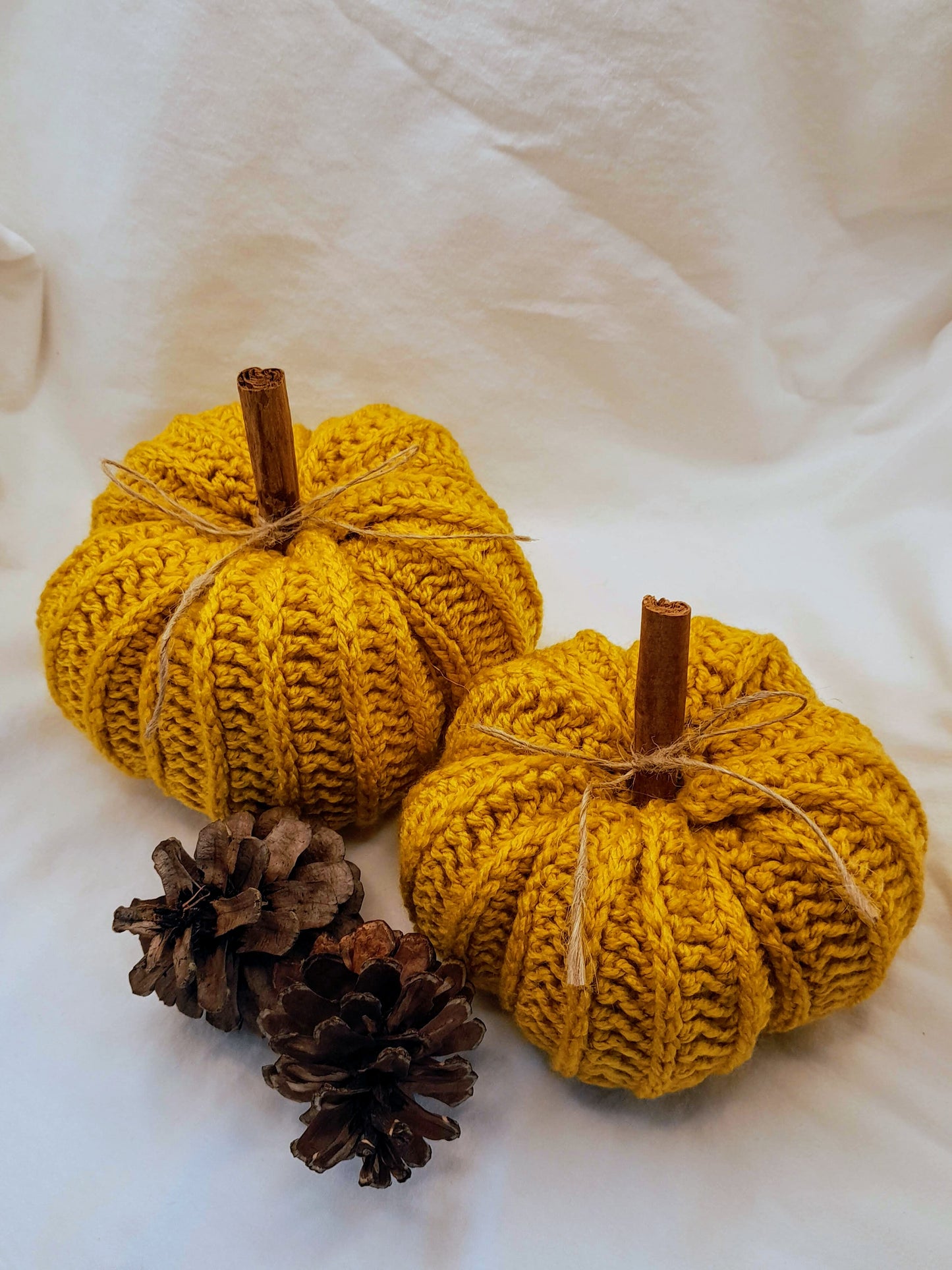 Crochet Pumpkins with Cinnamon Stick - Set of 2 in Mustard Yellow