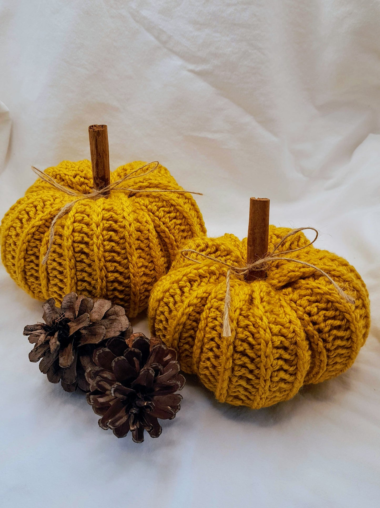 Crochet Pumpkins with Cinnamon Stick - Set of 2 in Mustard Yellow