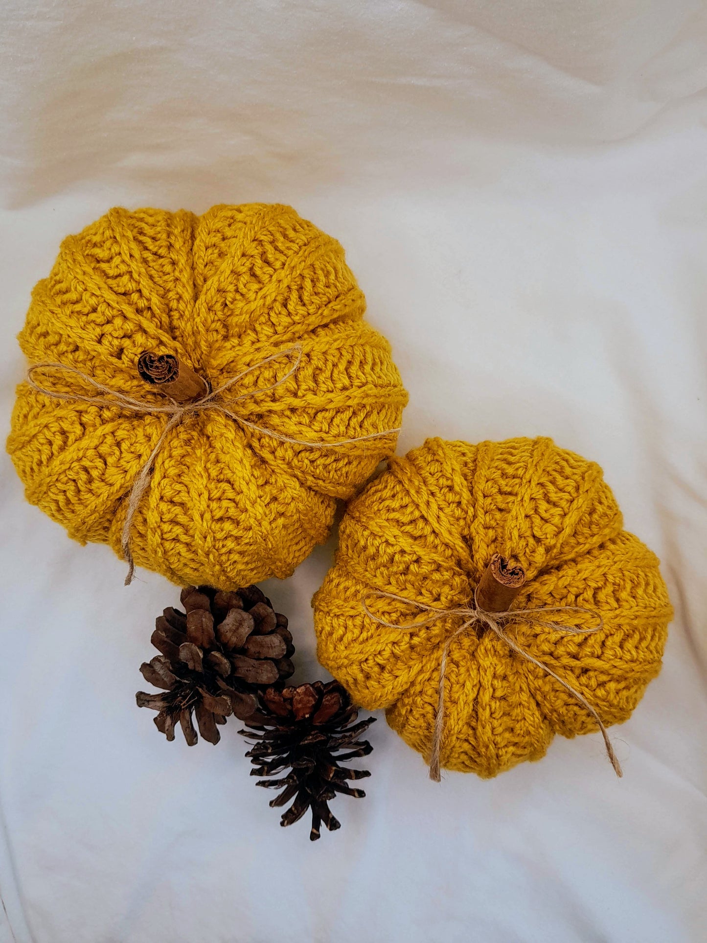 Crochet Pumpkins with Cinnamon Stick - Set of 2 in Mustard Yellow